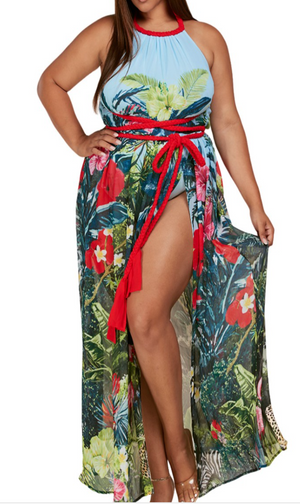 Curvy Tropical Trim Halter Maxi Dress