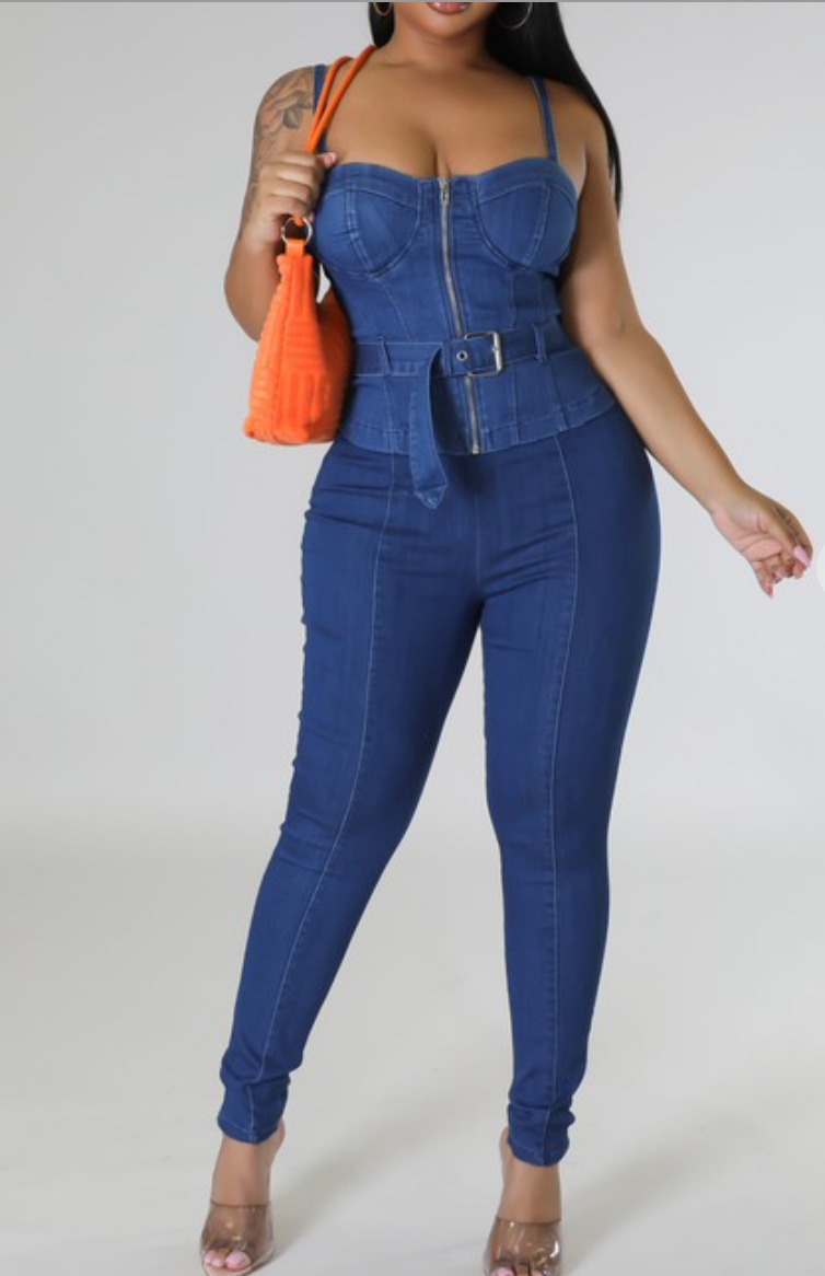 Denim Belted Mid Rise Set